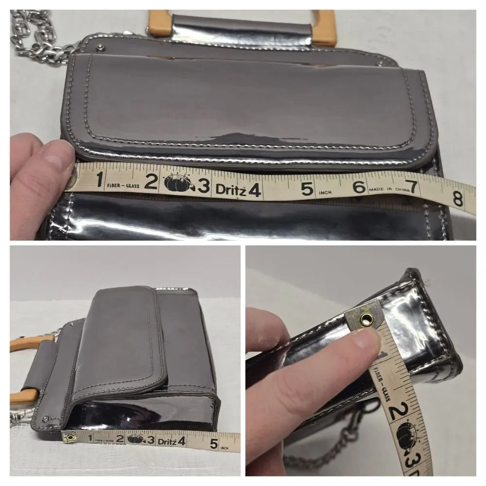 Abbie & Emmie Silver Faux Leather Wooden Handle Satchel With Shoulder Chain